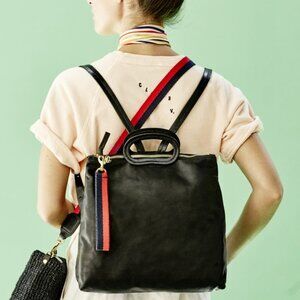 Rare Clare V. Marcelle Black Leather Backpack with Red & Navy Suede Stripes